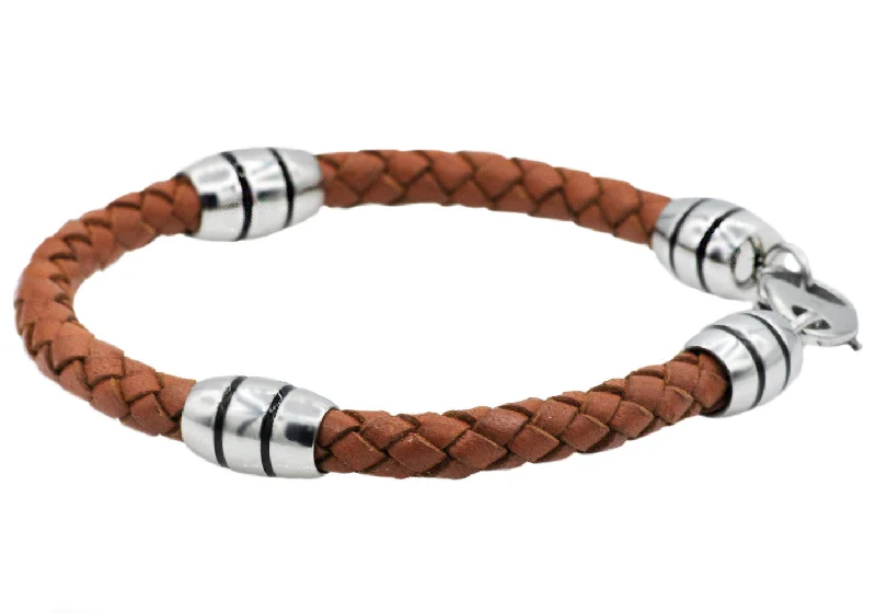 Handmade bangle bracelets for women-Mens Brown Leather Stainless Steel Bracelet