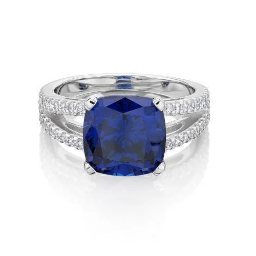 Simple engagement women rings-Dress ring with 10x10mm tanzanite simulant and 0.4 carats* of diamond simulants in 10 carat white gold