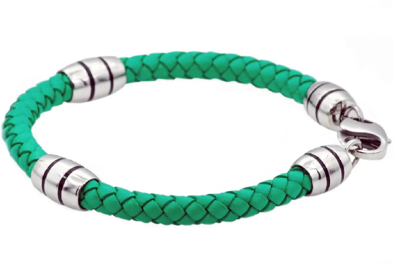 Adjustable bangles for women-Mens Green Leather Stainless Steel Bracelet