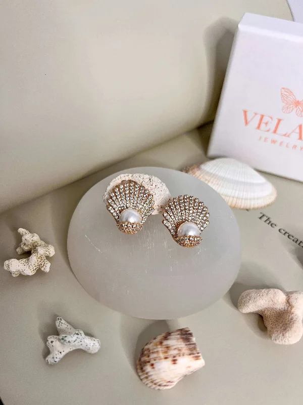 Fashion stud women earrings-Velani Elegant Shell Pearl Earrings