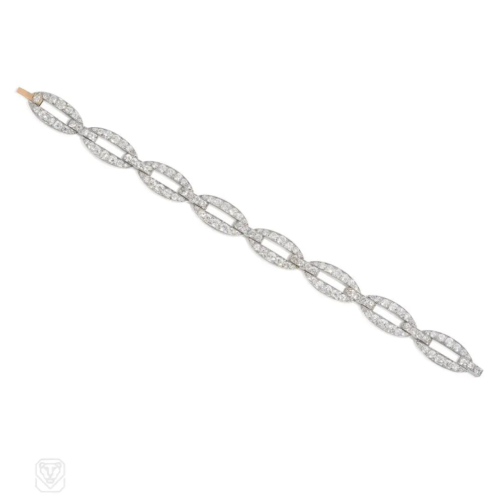 Silver bracelet with charms-French Art Deco diamond oval link bracelet