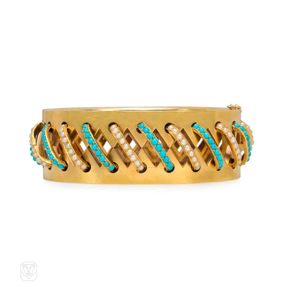 Luxury gold women bracelets-Antique gold, turquoise and pearl cuff bracelet