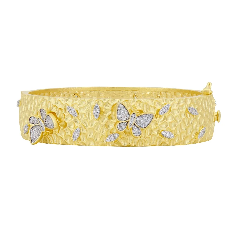 Silver bangle bracelets for women-Butterflies in Bloom Textured Hinge Statement Bracelet