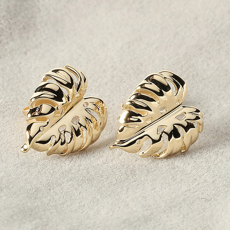 Luxury diamond women earrings-14K Yellow Gold 3D Monstera Leaf Post Earrings