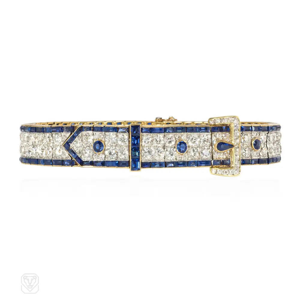 Adjustable bangles for women-Edwardian Charles Holl diamond and sapphire strap bracelet