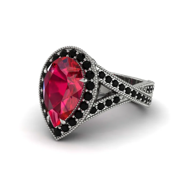 Engagement rings with modern cuts for women-Halo Split Shank Pear Ruby Engagement Ring - Loretta No. 42