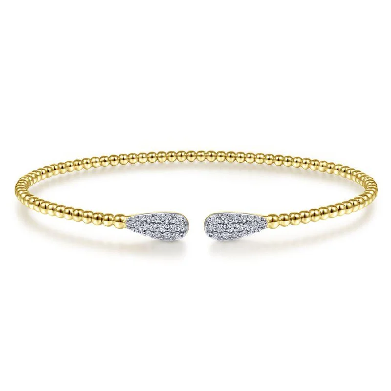 Trendy bangle bracelets for women-14K Yellow Gold Bujukan Bead Cuff Bracelet with Diamond Pave Teardrops