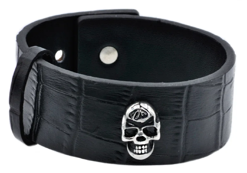 Luxury diamond women bracelets-Mens Stainless Steel And Leather Skull Bracelet