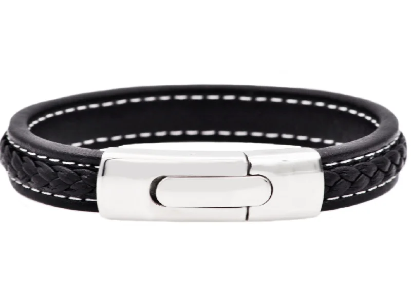 Minimalist women bracelets-Mens Stainless Steel Black Leather Bracelet