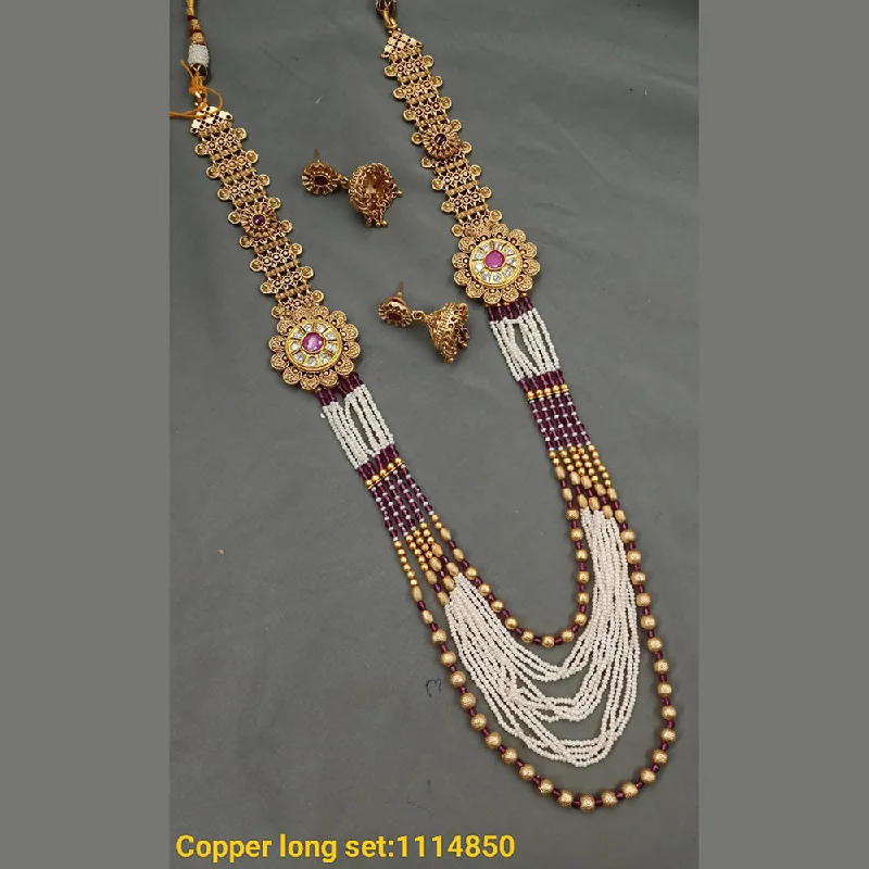 Gemstone women necklaces-Padmawati Bangles Copper Gold Plated Pota & Beads Long Necklace Set