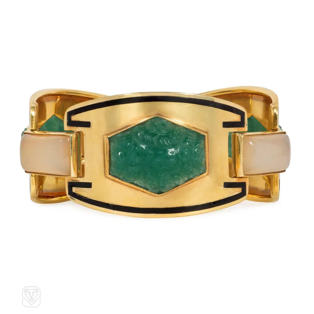 Fashion bangle bracelets for women-Sasportas, French Art Deco gold and jade bracelet