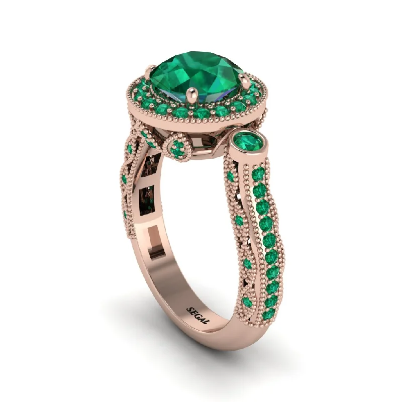 Engagement rings with a diamond band for women-Milgrain Halo Pave Emerald Engagement Ring - Mabel No. 20