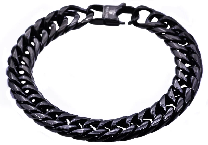 Wraparound women bracelets-Mens Black Plated Stainless Steel Double Cuban Link Chain Bracelet