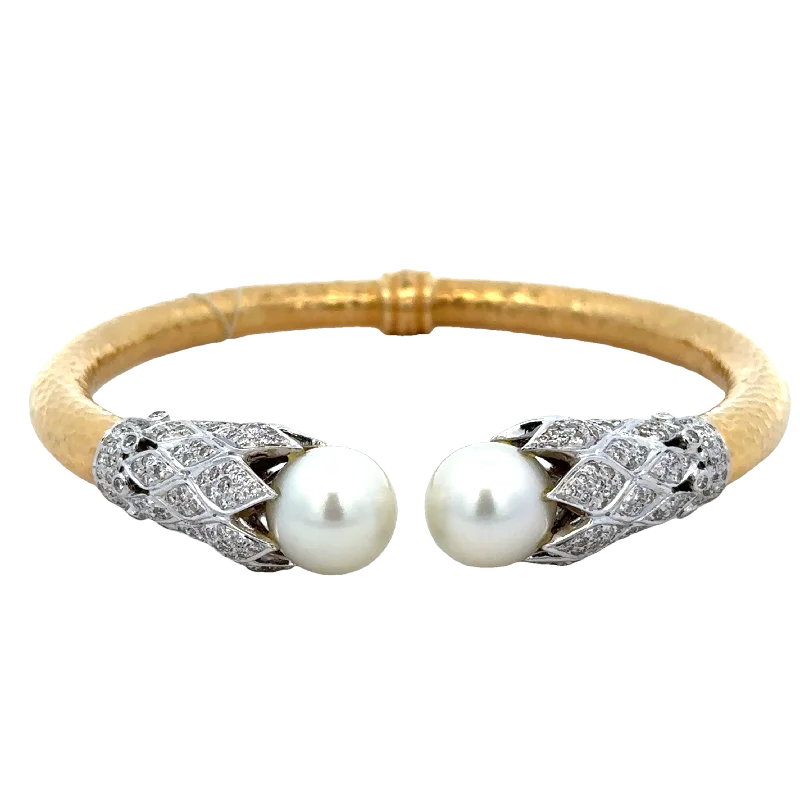 Leather bangle bracelets for women-Statement South Sea Cultured Pearl and Diamond Bracelet in 18k Gold