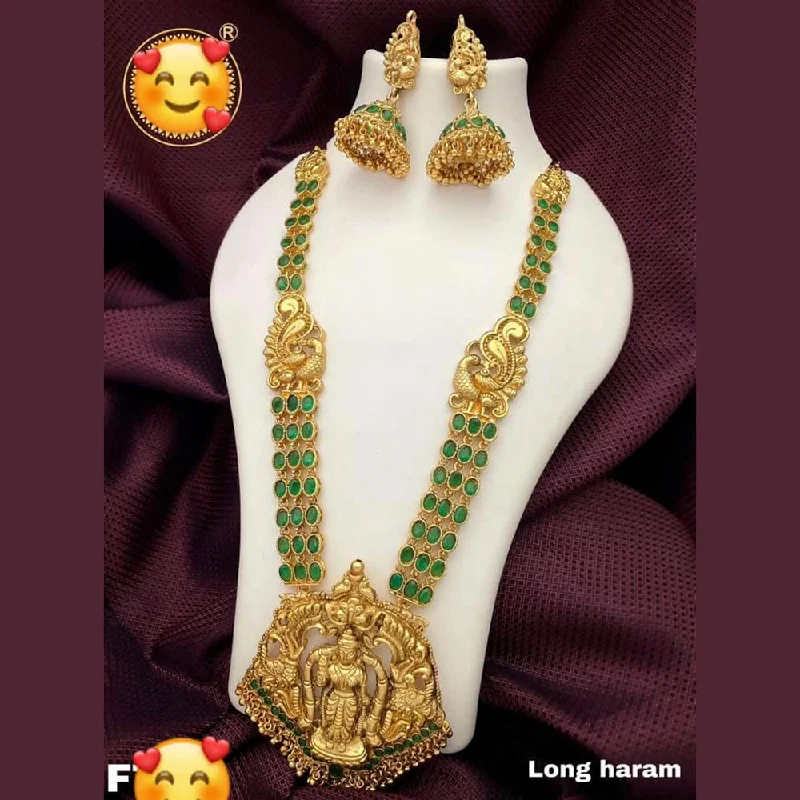 Colored women necklaces-Sai Fashion Gold Plated Pota Stone Long Haram Necklace Set