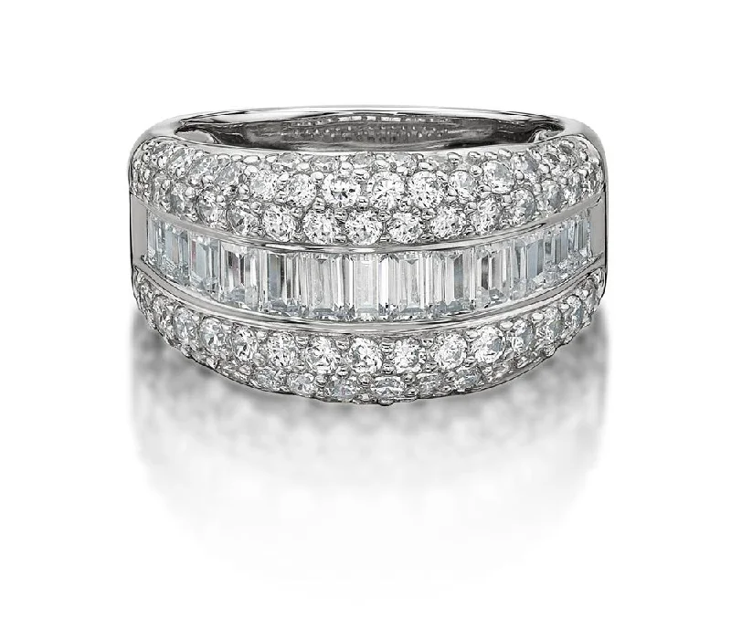 Fashion women rings-Round Brilliant and Baguette Dress ring with 2.65 carats* of diamond simulants in 10 carat white gold