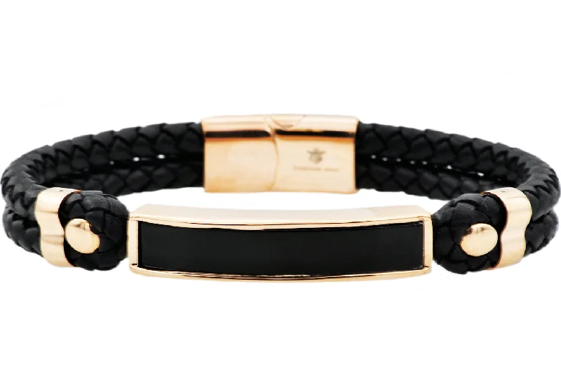 Classic women bracelets-Mens Genuine Onyx And Black Leather Rose Stainless Steel Bracelet