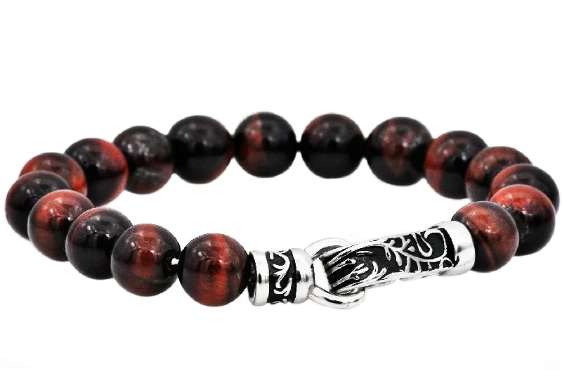 Gold women bracelets-Mens Genuine Red Tiger Eye Stainless Steel Beaded Bracelet