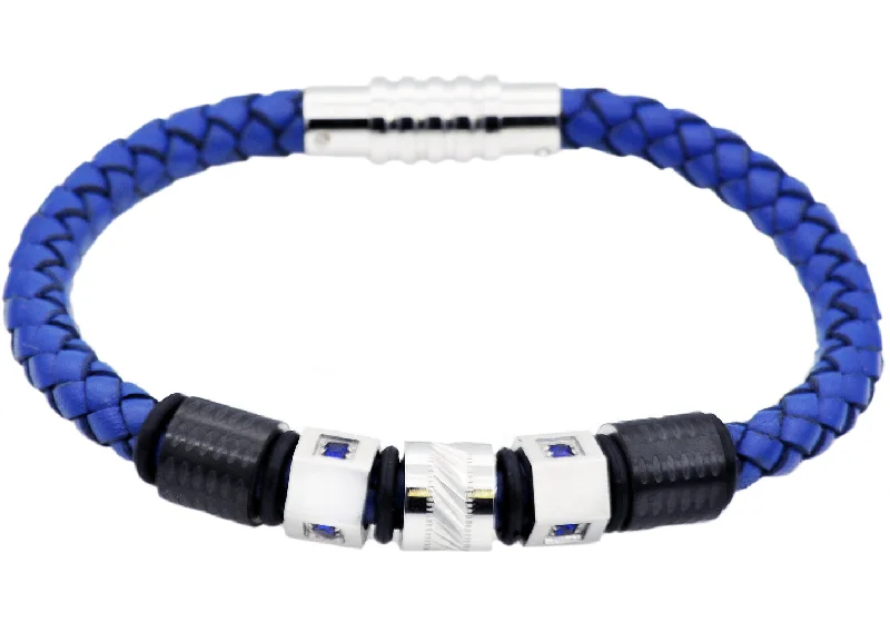 Bridal women bracelets-Mens Blue Leather And Stainless Steel Bracelet With Blue Cubic Zirconia