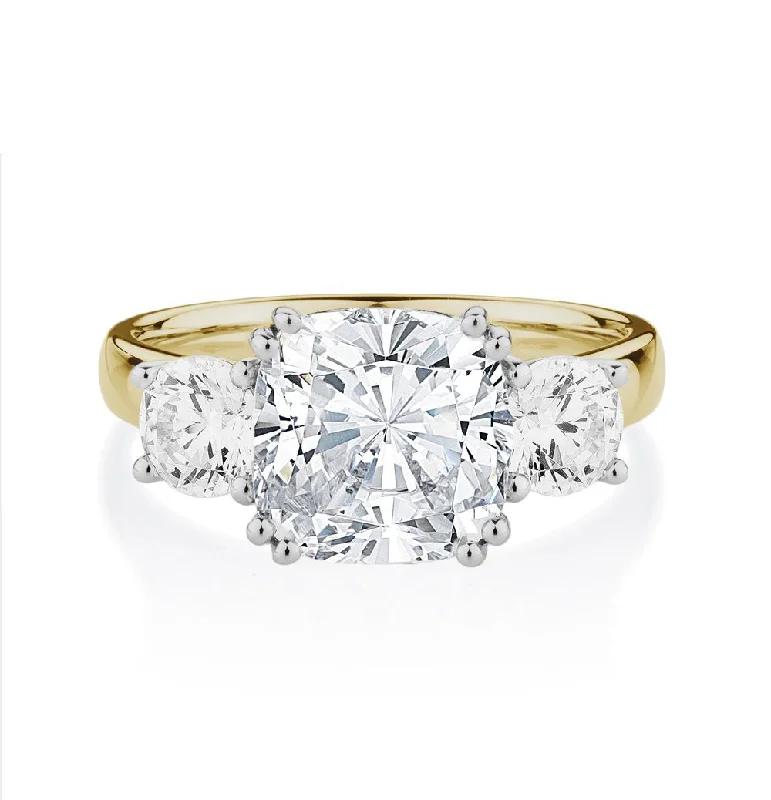 Cute women rings-Three stone ring with 3.75 carats* of diamond simulants in 10 carat yellow and white gold