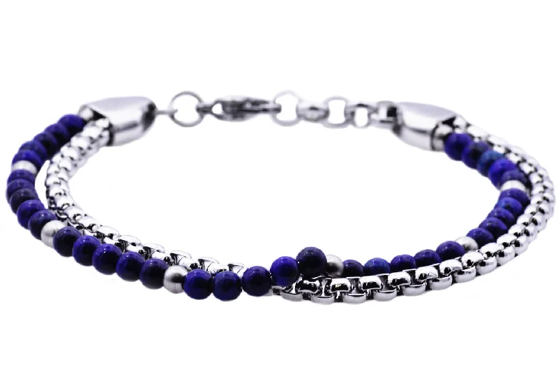 Large women bracelets-Mens Genuine Lapis Lazuli Stainless Steel Beaded Bracelet