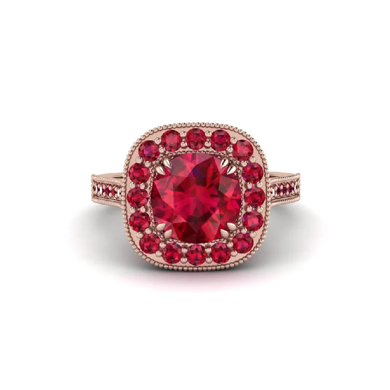 Engagement rings with eternity bands for women-Milgrain Halo Round Ruby Engagement Ring - Odette No. 56