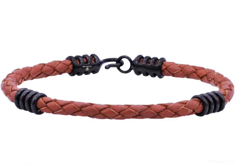 Layered women bracelets-Mens Brown Leather Black Stainless Steel Bracelet