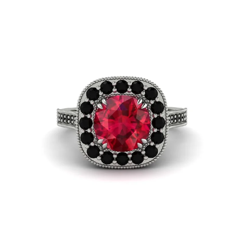 Engagement rings with white diamonds for women-Milgrain Halo Round Ruby Engagement Ring - Odette No. 42