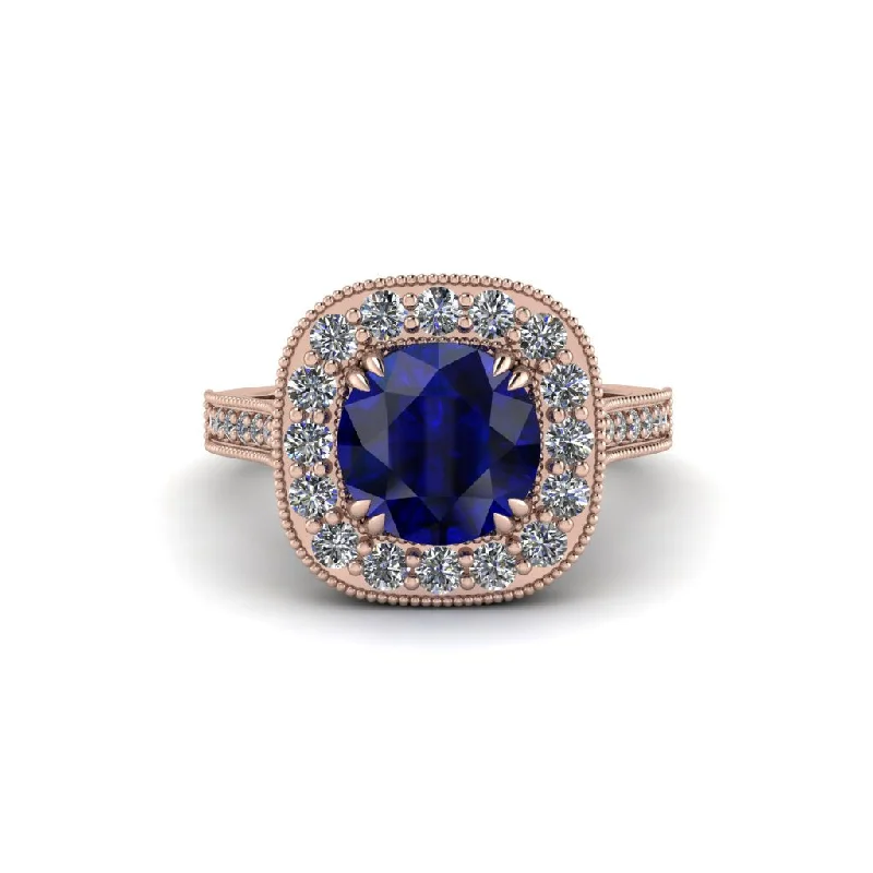 Engagement rings with halo and side stones for women-Milgrain Halo Round Sapphire Engagement Ring - Odette No. 14