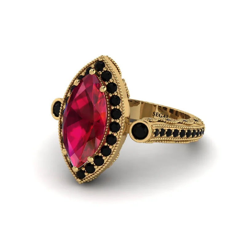 Engagement rings with side stones for women-Milgrain Halo Marquise Ruby Engagement Ring - Noreen No. 40