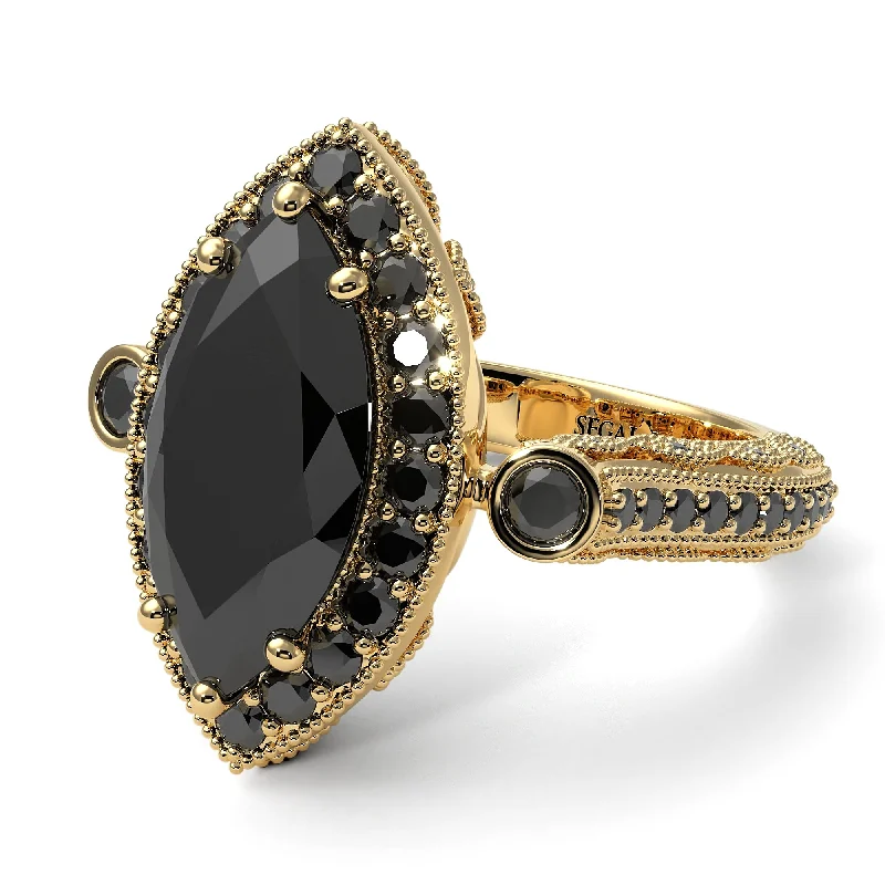 Engagement rings with vintage designs for women-Milgrain Halo Marquise Black Diamond Engagement Ring - Noreen No. 37