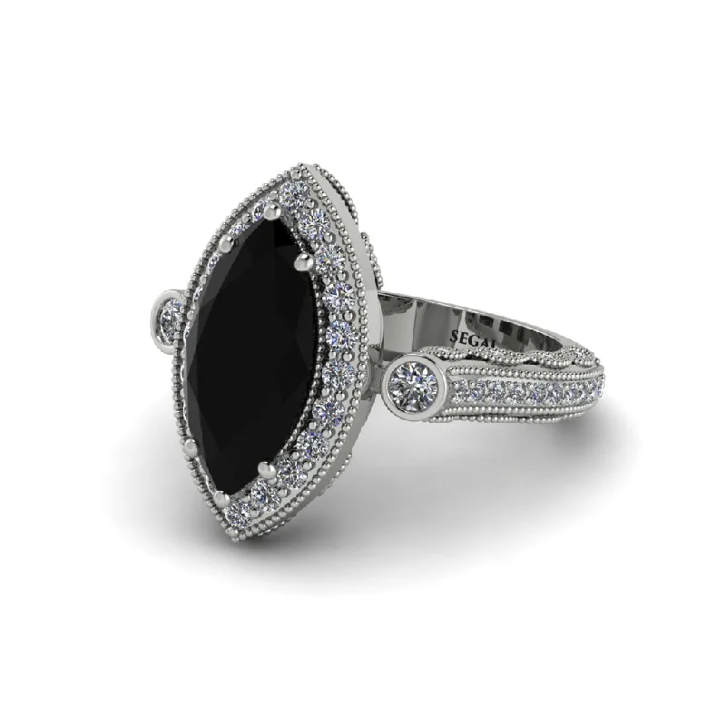 Wedding and engagement rings set for women-Milgrain Halo Marquise Black Diamond Engagement Ring - Noreen No. 9