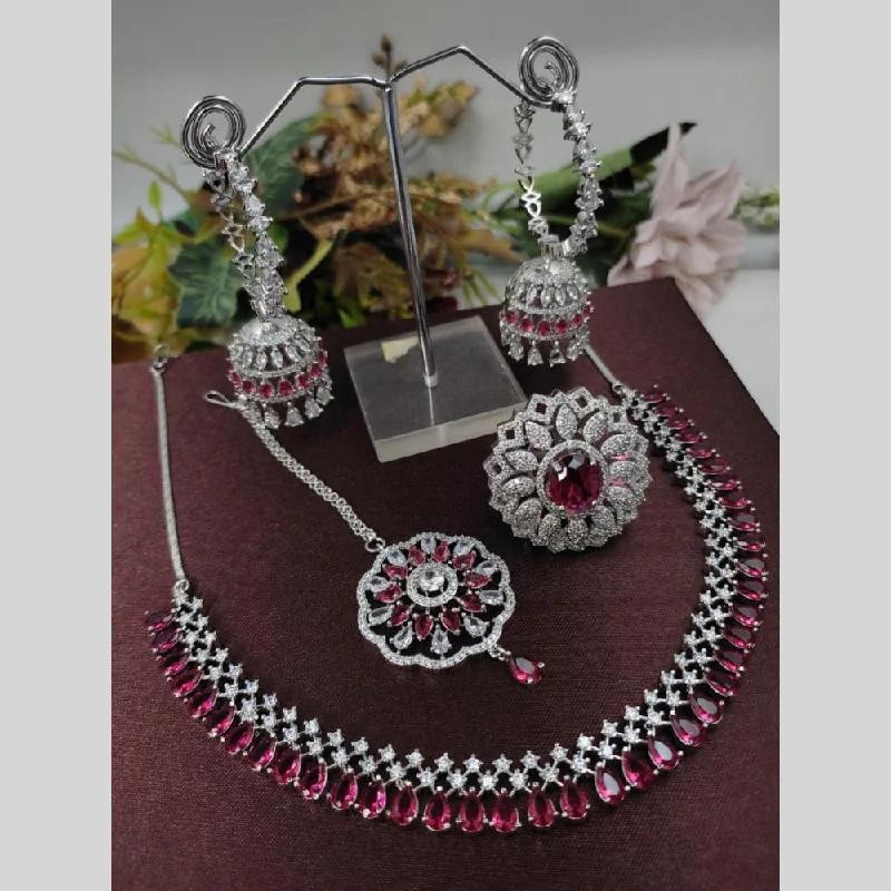 Long women necklaces-Aamrapali Silver Plated American Diamond Necklace Set With Ring