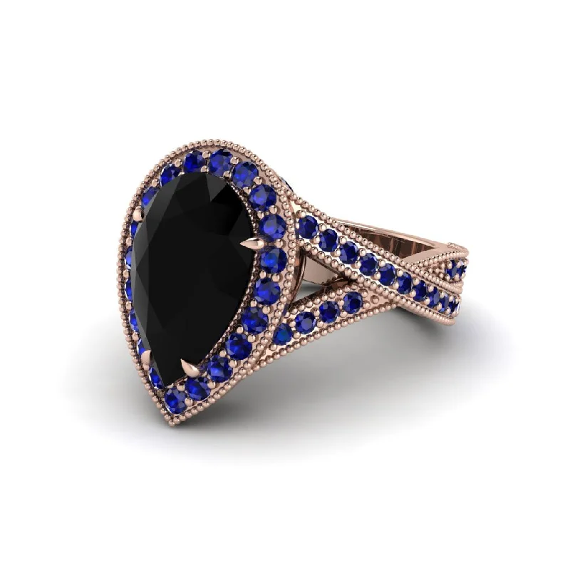 Engagement rings with blue sapphires for women-Halo Split Shank Pear Black Diamond Engagement Ring - Loretta No. 68