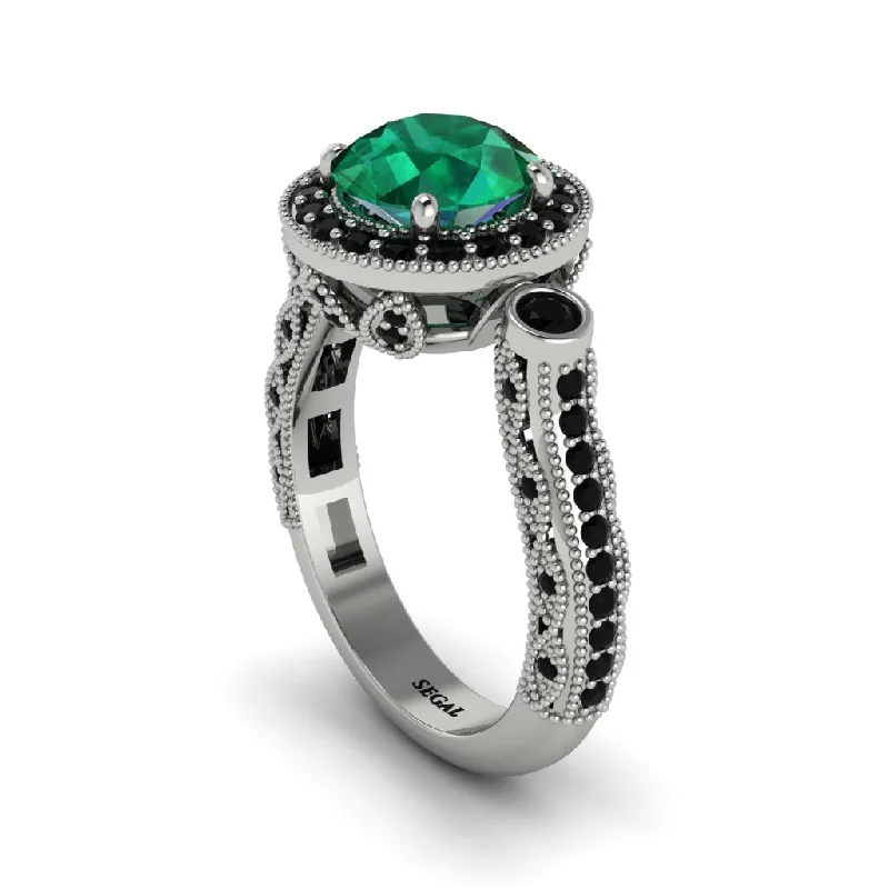 Engagement rings with emeralds for women-Milgrain Halo Pave Emerald Engagement Ring - Mabel No. 36