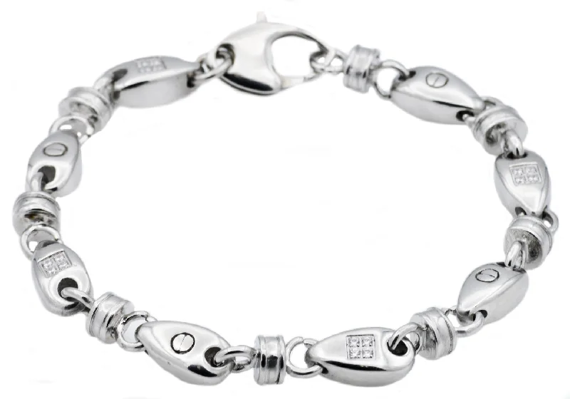 Heart-shaped women bracelets-Mens Stainless Steel Chain Link Bracelet With Cubic Zirconia