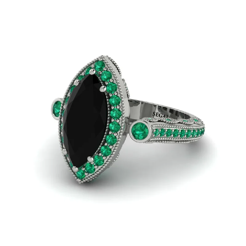 Engagement rings with emerald diamonds for women-Milgrain Halo Marquise Black Diamond Engagement Ring - Noreen No. 24