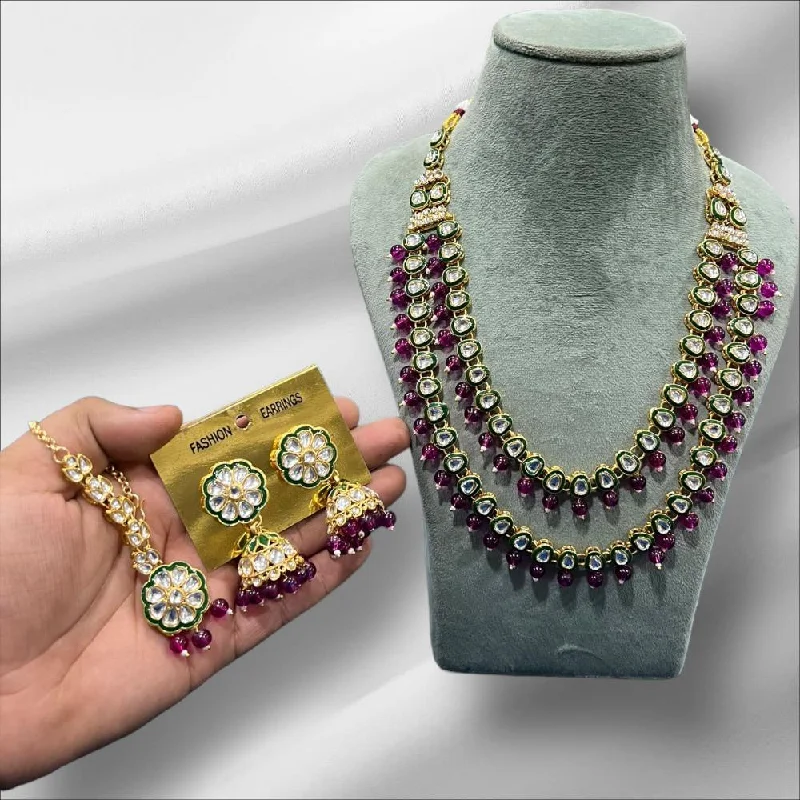 Fashion women necklaces-Hira Collections Gold Plated Kundan Stone And Beads Meenakari Necklace Set