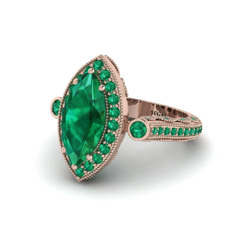 Engagement rings with an intricate design for women-Milgrain Halo Marquise Emerald Engagement Ring - Noreen No. 20