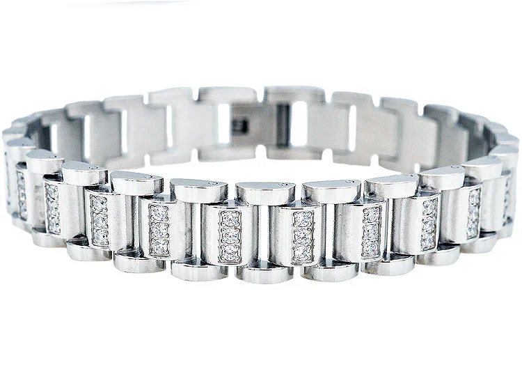 Elegant bangle bracelets for women-Mens Stainless Steel Link Bracelet With Cubic Zirconia