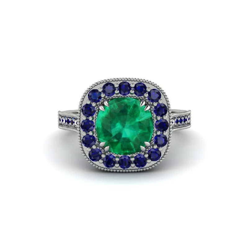 Designer engagement rings for women-Milgrain Halo Round Emerald Engagement Ring - Odette No. 66