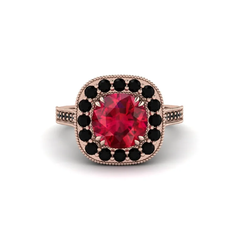 Engagement rings with pink diamonds for women-Milgrain Halo Round Ruby Engagement Ring - Odette No. 41