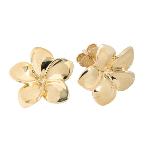 Unique women earrings-14K Yellow Gold Plumeria Post Earrings Sandblast Polish Edge (XS/S/M)