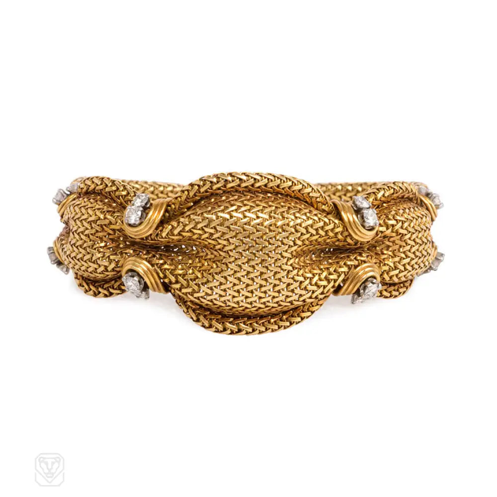 Wraparound women bracelets-Mid-Century woven gold and diamond bracelet, France.