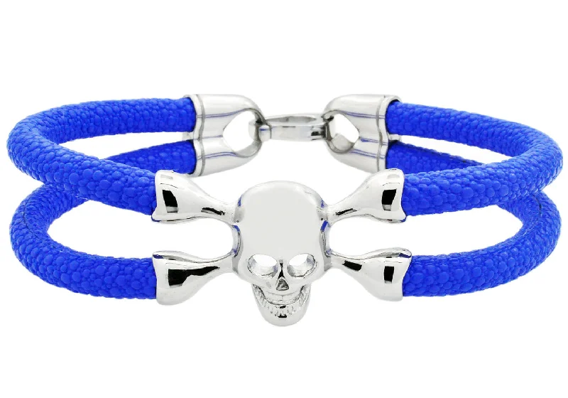 Simple bangles for women-Mens Blue Leather And Stainless Steel Skull Bracelet