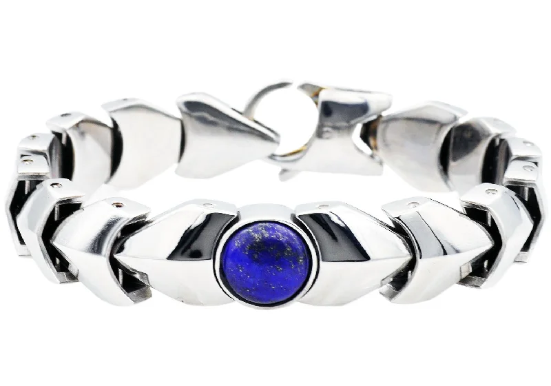 Mixed metal women bracelets-Mens Genuine Lapis Lazuli  Stainless Steel Bracelet