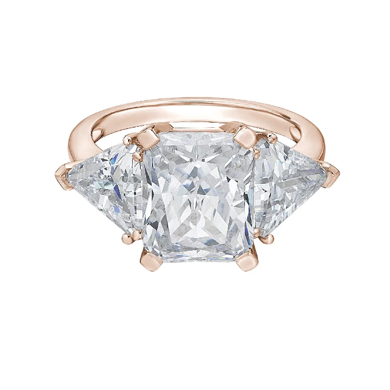 Thin women rings-Aurora Three stone ring with 10.85 carats* of diamond simulants in 10 carat rose gold