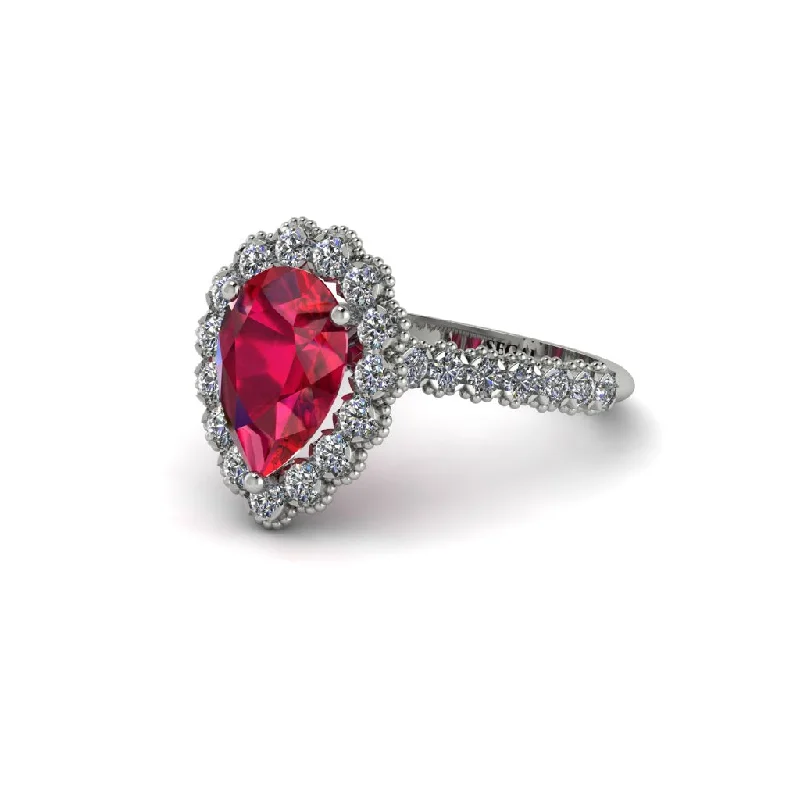 Engagement rings with split shanks for women-Halo Pear Ruby Pave Engagement Ring - Ingrid No. 12