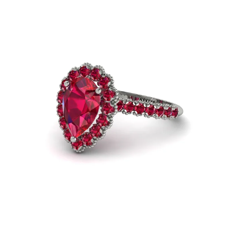 Engagement rings with lab-grown diamonds for women-Halo Pear Ruby Pave Engagement Ring - Ingrid No. 57