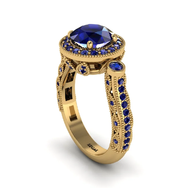 Customized engagement rings for women-Milgrain Halo Pave Sapphire Engagement Ring - Mabel No. 73